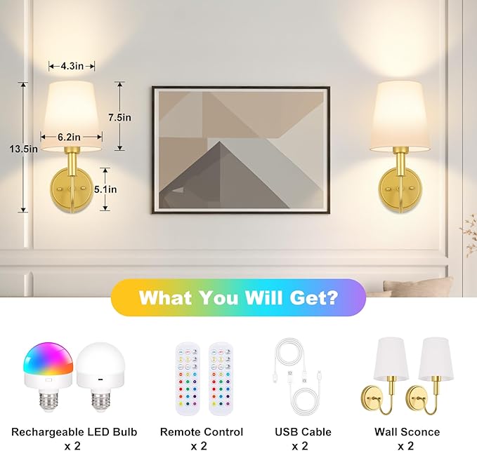 Wireless Rechargeable Wall Sconce, Battery Operated Wall Lights with Remote, Wall Lamps with Dimmable RGB LED Bulbs, No Wiring Gold Sconces Wall Decor Set of 2 for Bedroom Living Room Hallway