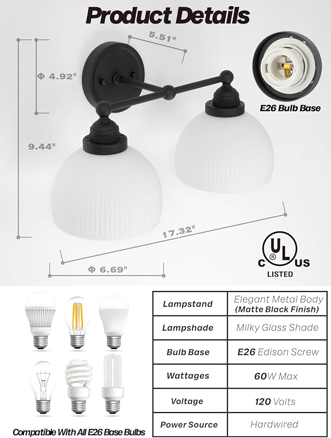 2-Lights Milk White Glass Wall Sconce Lighting Brass Finished, Double Arm Bathroom Vanity Light Fixture for Bedroom Living Room Dining Room Hallway