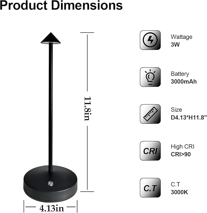Rechargeable Cordless Table Lamp,Modern Black Battery Operated Table lamp,Portable LED Touch 2 Levels Brightness Dimmable Bar Lamp,Battery Powered Lamp for Bars,Restaurant,Living Room