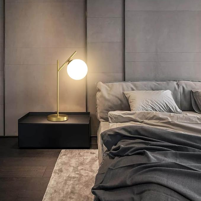 Mid Century Modern Table Lamp, 1 Light Brass Glass Globe Bedside Lamp, Contemporary Metal Table Lamp with Milky White Glass shadefor Bedroom Living Room Study Room