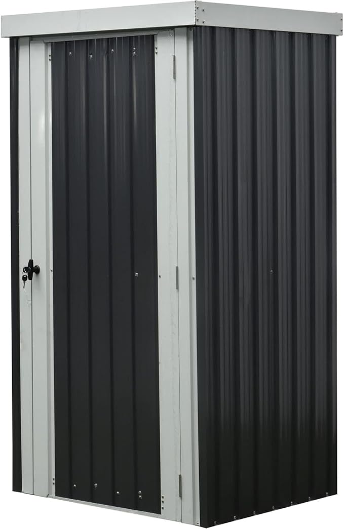 Hanover Galvanized Steel Single Door Patio Storage Shed for Garden Tools with Twist Lock and Key Security, 2 Tool Hooks (3'x3'x6') Dark Gray, White Rust Resistant Outdoor Storage for Yard Supplies
