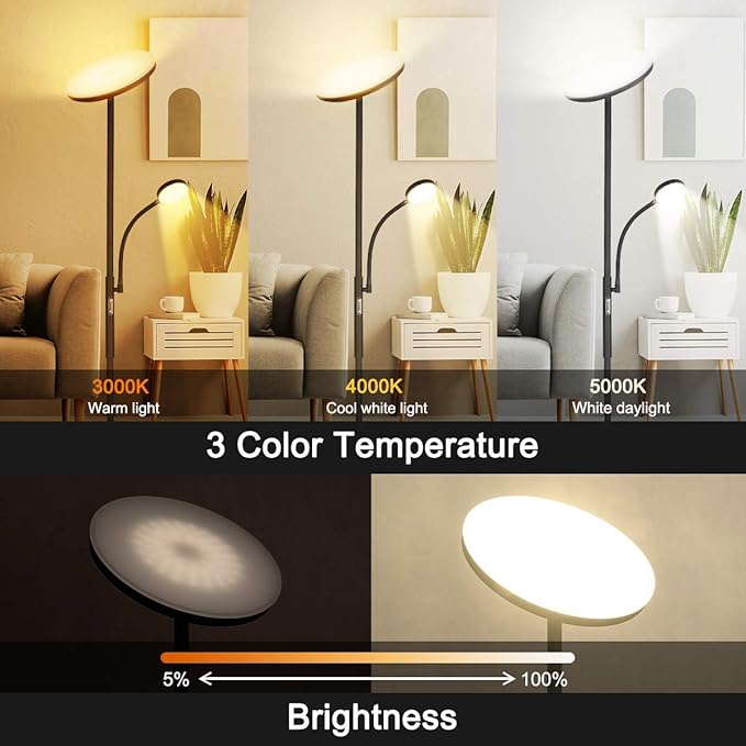 Led Floor Lamp Torchiere Floor Lamp with Adjustable Reading Lamp,2000lumens Main Light and 400lumens Side Reading Light for Living Room, Bedroom, Office, Work with Remote Control, Matte Black