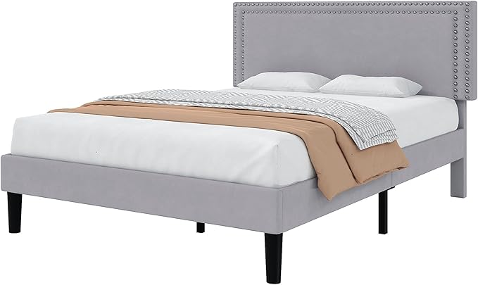 VECELO Full Size Bed Frame with Adjustable Upholstered Headboard, Wooden Slats Platform, Noise-Free Design, Easy Assembly