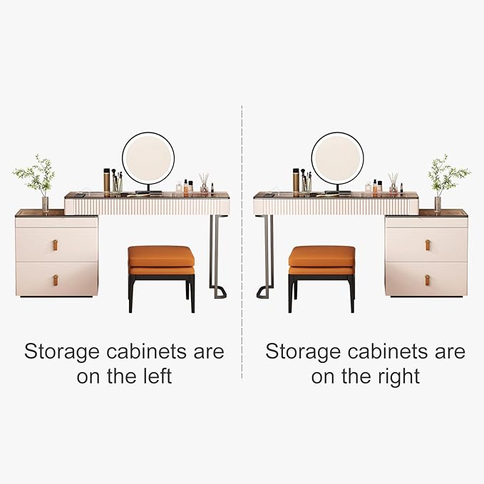Lartis Makeup Vanity、extendable Dresser Set、Dressing Table,Super Storage、LED Lighted Vanity Mirror with ash All Solid Wood upholstered Makeup Stool