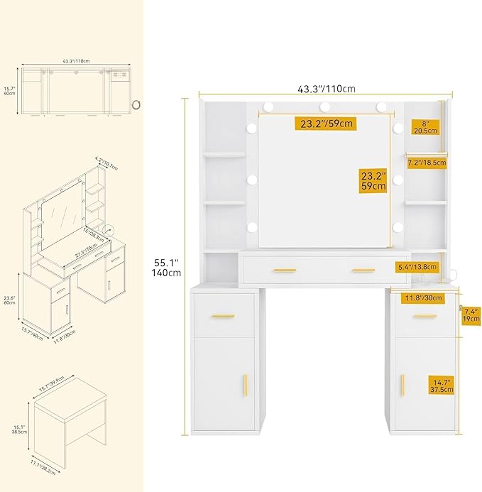 DWVO Vanity Desk with Large Mirror and LED Lights, Makeup Vanity Table Set with Power Outlets, Comfy Stool & Storage Drawers, Shelves and Cabinets, 3 Lighting Modes Makeup Table, Dressing Room, White