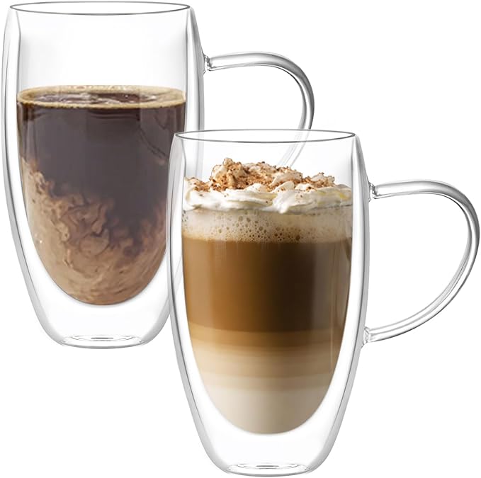 Double Wall Glass Coffee Mugs Set, Clear Insulated Glass Mugs for Hot Beverages, Suitable for Tea, Latte, Espresso, Cappuccino (16 oz with handle-Set of 4)