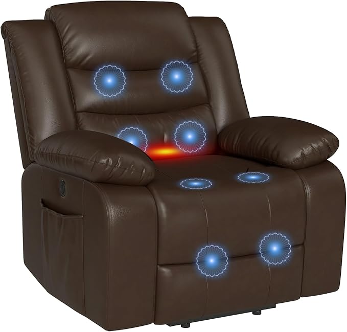 ANJ Power Lift Recliner Chair with Massage and Heat, PU Leather Overstuffed Electric Lift Chair for Elderly, Oversized Single Sofa Recliner with Side Pockets, Remote Control(Brown)