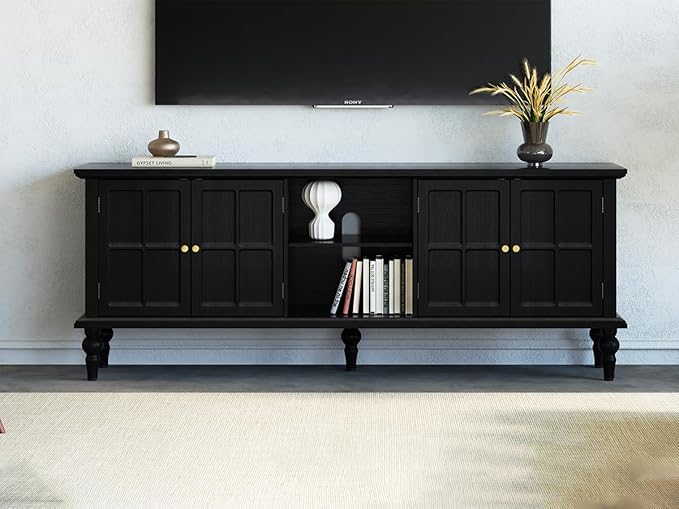 3More 67" Mid Century Modern TV Stand with Window Design,Wood Entertainment Center with Open Shelf,Up to 70" Media TV for Living Room or Bedroom,Black