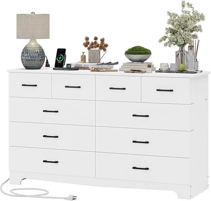 Hasuit 10 Drawer Dresser for Bedroom, Large Chest of Drawers with Charging Station, 55.1'' Wide Storage Clothes Closet Organizer, Long Dresser TV Stand for Living Room, White