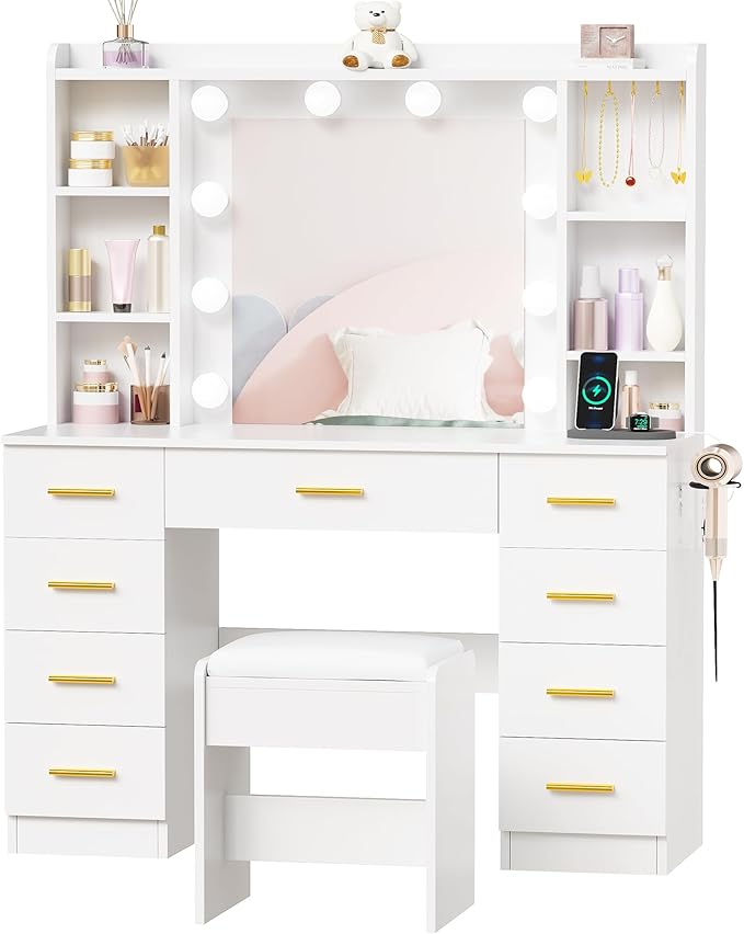 ANWBROAD Large Vanity Desk with Mirror and Lights 43" Makeup Vanity Desk with Lights 3 Colors 9 Drawers Power Outlet 6 Storage Shelves 5 Hooks White Dressing Table with Stool for Bedroom Girls UBDT87W