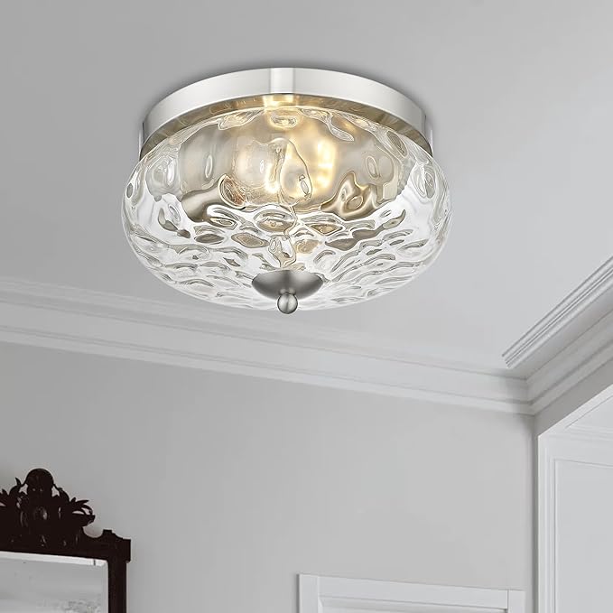 Darkaway Ceiling Light Fixtures Flush Mount Indoor Outdoor Ceiling Light with Water Ripple Glass Shade for Hallway Kitchen Bedroom Porch Living Room Nickel Finish