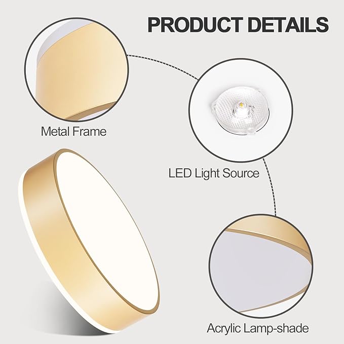 Vikaey Gold LED Ceiling Light Modern Flush Mount Light Fixture Round Metal Ceiling Lamp for Living Room Entryway Bedroom Kitchen 15.74 Inch