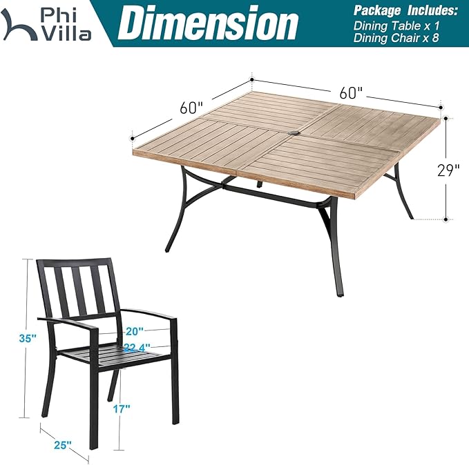 PHI VILLA 9 Pieces Outdoor Dining Set for 8, 60” Wood-Like Large Square Metal Steel Dining Table & Stackable Iron Chairs, Dining Furniture Set for Patio, Deck, Yard, Porch