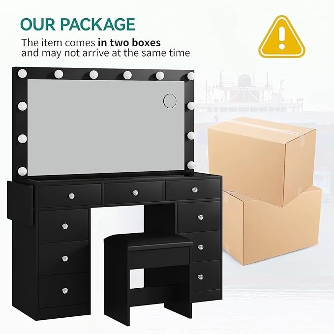 Vanity Desk & Power Outle, Makeup Vanity with Mirror and 12 LED Lights, 9 Drawers Makeup Table with Fold-up Panel, 3 Lighting Modes Brightness Adjustable (Black)