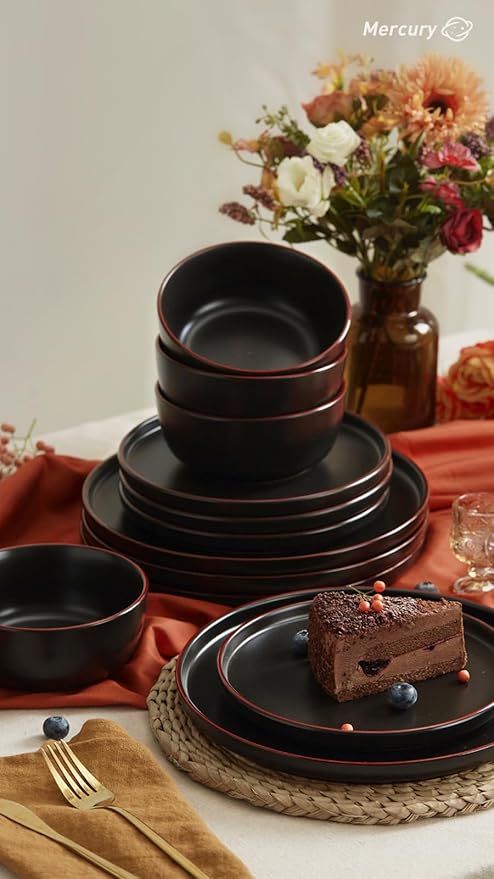 Famiware Mercury 24 Pieces Dinnerware Sets, Plates and Bowls Sets for 8, Microwave and Dishwasher Safe Dish Set, Black