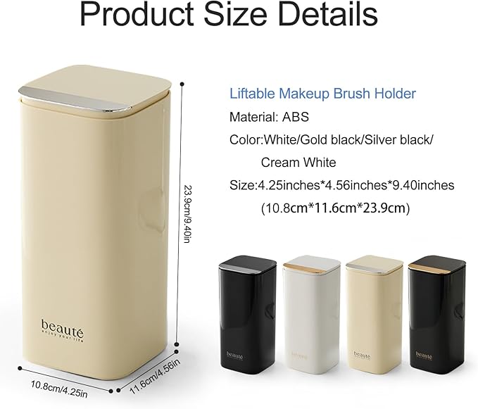 DASITON Makeup Brush Holder with Lid,4 Slots Makeup Brush Organizer,Automatic Lifting Makeup Cosmetics Organizer,for Vanity Decor,Bathroom Countertop,Dustproof Cosmetic Brushes Container(Cream)