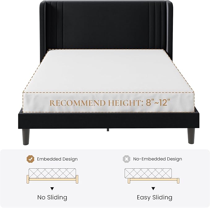 SHA CERLIN Queen Size Velvet Upholstered Platform Bed Frame with Vertical Channel Tufted Wingback Headboard, Wooden Slats Support, Easy Assembly, Under Bed Storage, No Box Spring Required, Black