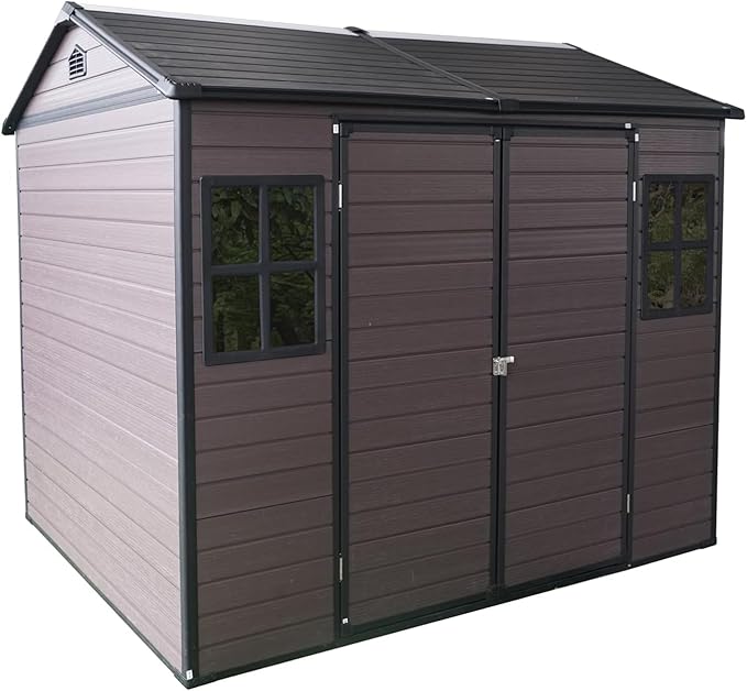 8x6 FT Outdoor Storage Shed, Resin Garden Shed with Thick Floor, Plastic Storage Shed with 2 Windows, Waterproof Outside Tool Shed with Lockable Hinged Doors for Backyard, Patio, Lawn, Brown