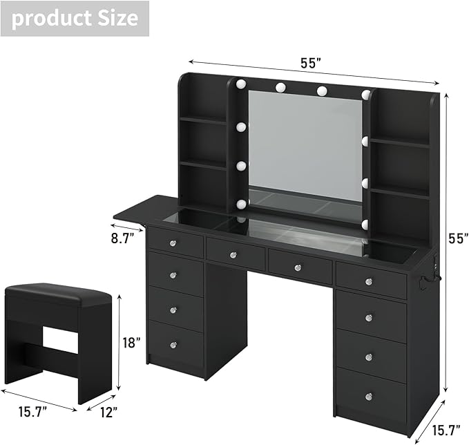 Vanity with Power Outlet, Vanity Desk with Mirror and 10 LED Lights, 10 Drawers Makeup Vanity with 6 Shelves, Fold-up Panel, Dressing Table for Bedroom, Black