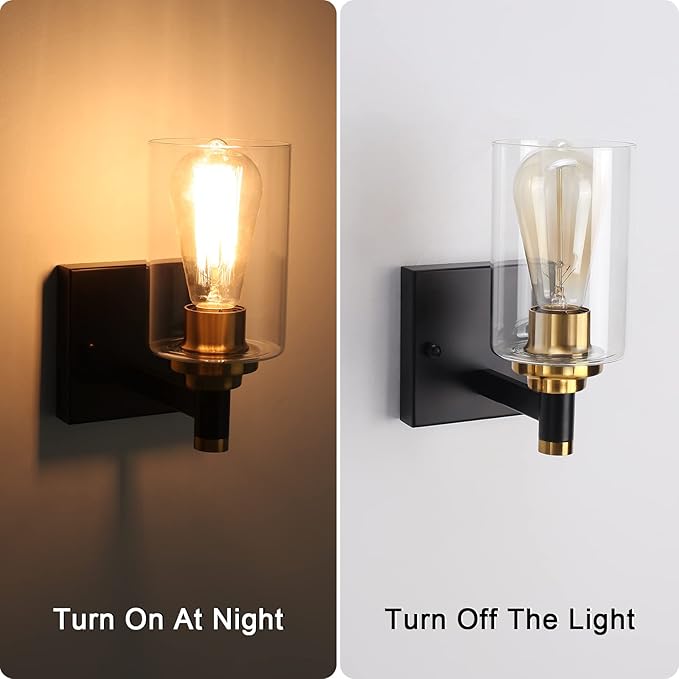 Black and Gold Wall Sconces Set of Two Bathroom Light Fixtures Brass Sconces Wall Lighting Modern Wall Light Fixtures with Glass Shade Rustic Wall Lamps for Bedroom Hallway Kitchen Living Room