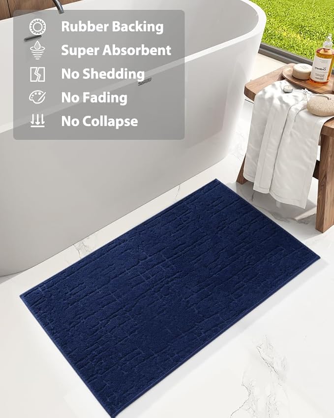 AMOAMI-Bath Mat-Absorbent Quick Dry Bathroom Floor Mats-Washable Rubber Backing Bath Mats for Bathroom Rugs Fit Under Door-Bath Rug for in Front of Sink Bathtub Shower Room, Navy 20''x32''
