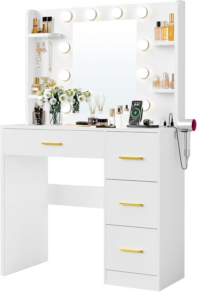 35” Small Vanity Desk with Mirror and Lights,10 Lights,3 Color Modes,Makeup Vanity Desk with 4 Storage Shelves 4 Drawers and Power Outlet,for Bedroom & Dressing Room,White vanitys