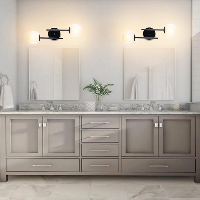 Black Globe Wall Sconces, 2-Light Modern Matte Black Vanity Lights with White Globe Glass Shade, Industrial Farmhouse Wall Lamp for Bedroom, Living Room, Kitchen, Bathroom