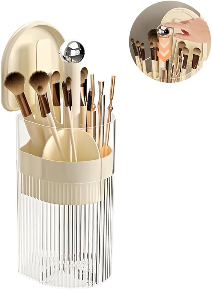 Makeup Brush Holder with Lid, One-Hand Press Open/Close Mechanism Cosmetic Tools Organizer, Clear Waterproof Dustproof Make Up Storage for Vanity, Bathroom Countertop-Cream-Silver Ball
