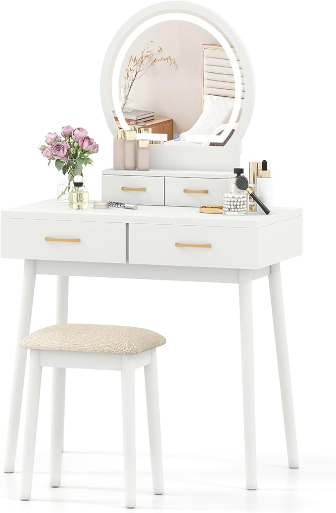 CHARMAID Vanity Desk with Mirror and Lights, Modern Makeup Vanity Table with 4 Drawers, 3-Color Dimmable LED Mirror, Girls Dressing Table and Stool Set for Small Bedroom (White)
