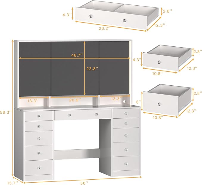 Vanity Desk with Mirror and Lights, 50" Makeup Vanity with Glass Top & Power Outlet, White Vanity with 11 Drawers & 8 Hidden Storage Shelves, 3 LED Lighting Modes Adjustable for Bedroom