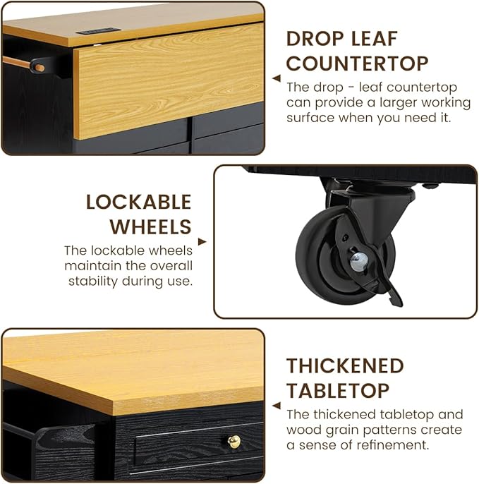 COCO DESIGN 60" Rolling Kitchen Cart with Power Strip & Drop Leaf, Thick Countertop, Large Storage Cabinet & Drawers, Mobile Island with Locking Wheels, Towel Rack and Spice Rack for Kitchen, Black