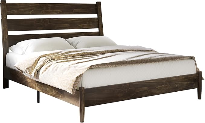 AMERLIFE Solid Wood Bed Frame Full Size, Mid Century Platform Beds with Reclining Slatted Headboard, Wood Slat Support/No Box Spring Needed/Noise Free, Dark Brown