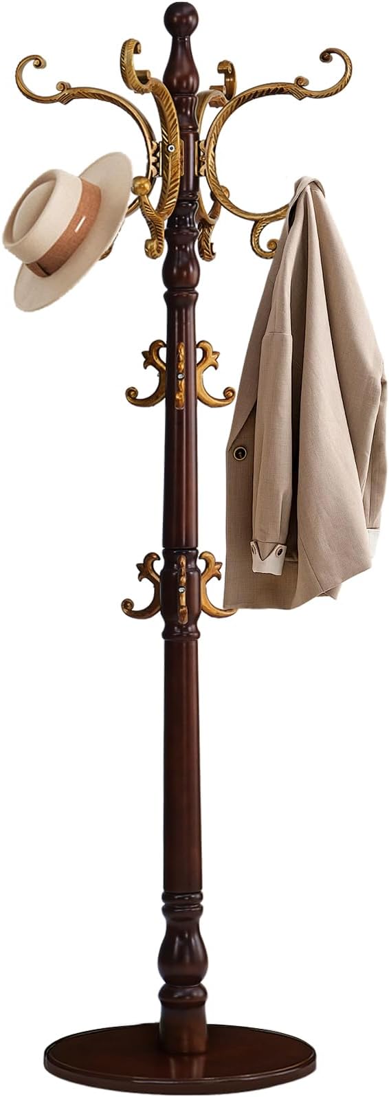 Coat Rack Freestanding, Wooden Coat Tree with Stable Round Base, Vintage Heavy Duty Coat Rack Stand with 14 Hooks, Coat Hanger Stand for Bedroom, Office, Entryway (Vintage)