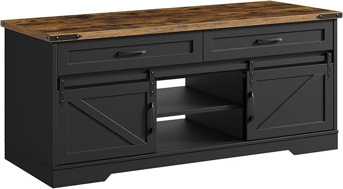 47" Farmhouse Coffee Table with Storage and 2 Drawers, Large Rustic Center Table with Sliding Barn Doors & Open Compartments, Wooden Coffee Table for Living Room, Black and Rustic Brown