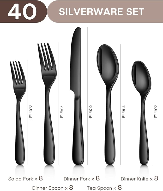 Black Silverware Set, Ollex 40PCS Black Flatware Set for 8 Include Knife Spoon Fork Set for Kitchen Tableware Eating Utensil Set, Stainless Steel Cutlery Set Mirror Polished, Dishwasher Safe