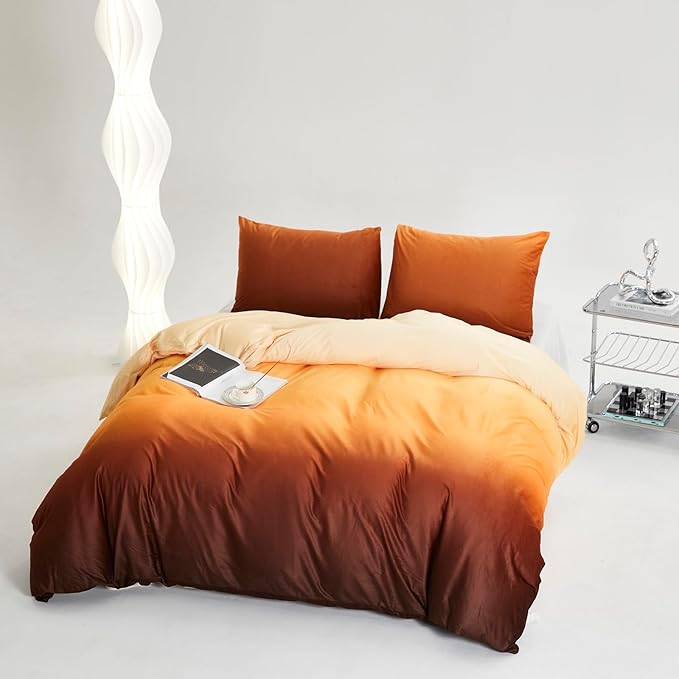CLOTHKNOW Dark Orange Fluffy Full Comforter Set 3Pcs Velvet Bedding Comforter Sets Yellow Beige Comforters Soft Caramel Comforter with 2 x Pillowcases