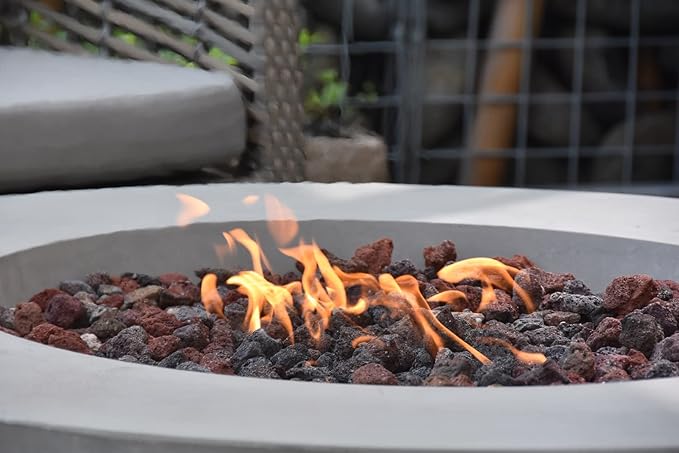 Elementi Lunar Bowl Fire Pit Bundle Outdoor Firepit Set Includes 42” Propane Concrete Firepit Bowl, Glass Windscreen, Stainless Steel Cover, Canvas Cover, Lava Rocks
