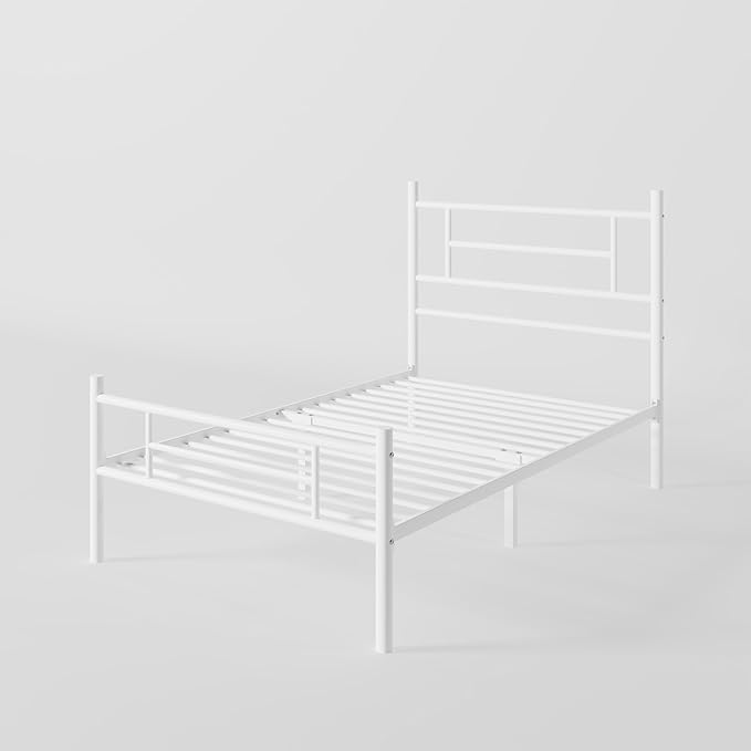 Allewie 14 Inch Twin Size Metal Platform Bed Frame with Headboard and Footboard, Underbed Storage, Strong Metal Slats Support, Mattress Foundation, No Box Spring Needed, Easy Assembly, White