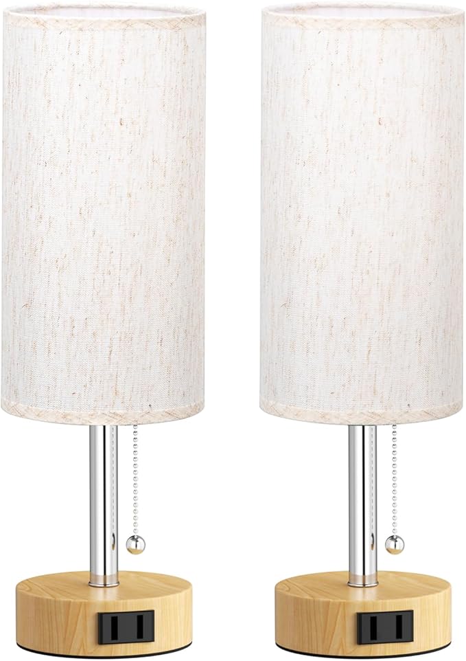 Wood Grain Bedside Table Lamps Set of 2-3 Color Temperatures Pull Chain Lamp with AC Outlet Charging Port, Round Night Stand Lamps for Bedroom Office, Small Bed Light with E26 LED Bulbs