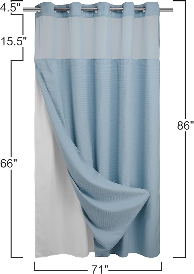 River Dream Heavyweight No Hooks Required Dotted Waffle Weave Shower Curtain with Snap in Liner -Extra Long 71W x 86H,Hotel Grade,Spa Like Bath Curtain,Blue