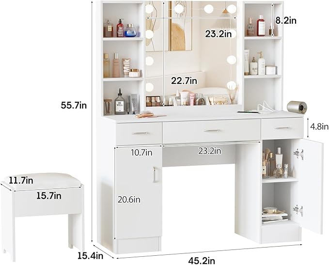 Vabches Makeup Vanity Table with Lighted Mirror & Power Strip, Large Vanity Set Vanity Desk with Lots Storage, 3 Lighting Modes, Brightness Adjustable, 45.2in(L)