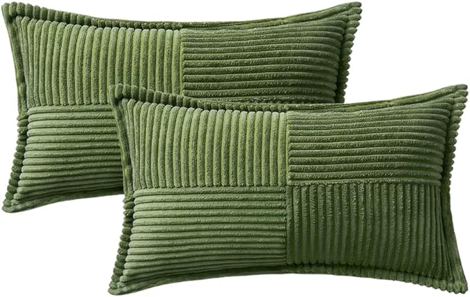 MIULEE Decorative Lumbar Throw Pillow Covers for Couch Bed Livingroom 12x20 Inch Set of 2 Moss Green Boho Accent Throw Pllows Broadside Striped Patchwork Soft Corduroy Summer Pillowcases