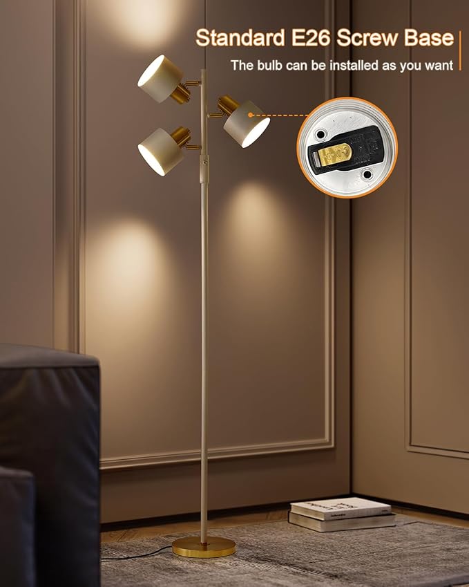 OYEARS Floor Lamp for Living Room Bright Lighting Tall Modern Industrial Vintage Standing Corner Lamps LED Metal Light Office Bedroom Study Gold Black Cream Matte Accent (3-Light, Cream)