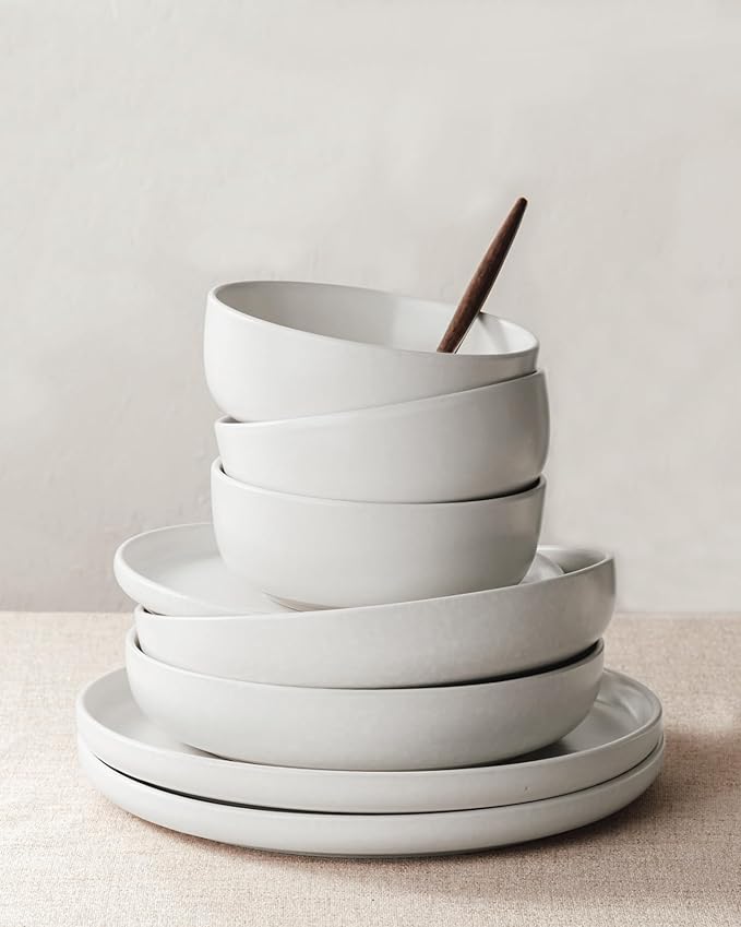 Famiware Milkyway Plates and Bowls Sets, 24 Pieces Dinnerware Sets, Reactive Glaze Dish Set, Stoneware Dishes Set for 8, Matte White