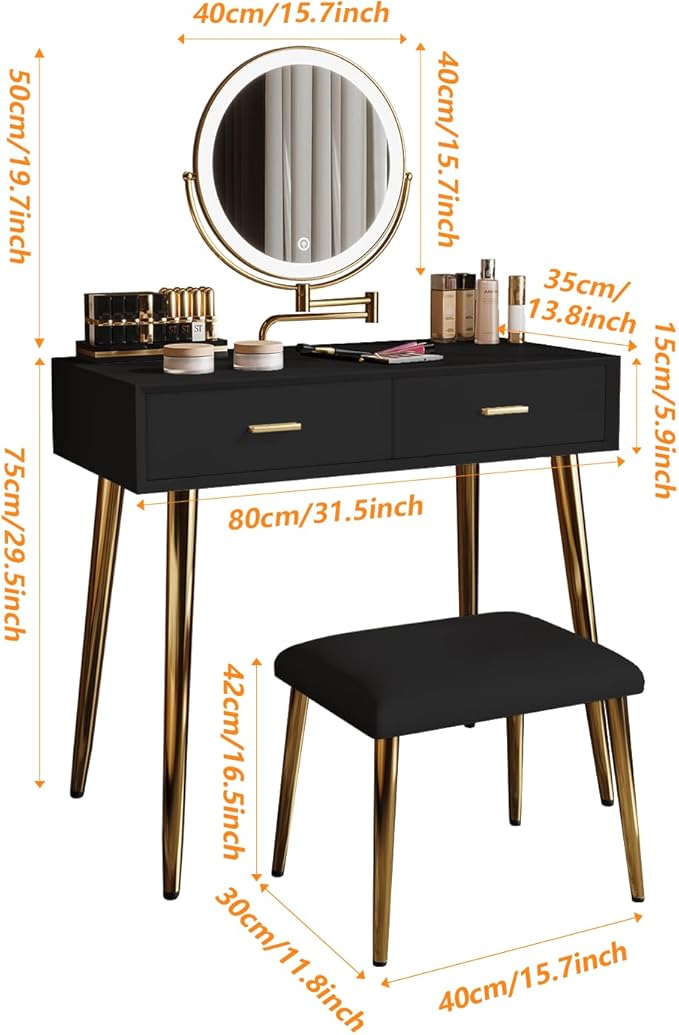 Vanity Desk with Adjustable Mirror and Lights, Makeup Vanity with 2 Drawers and Chair, Small Dressing Table with Leather Surface for Bedroom, 3 Lighting Modes (Black)
