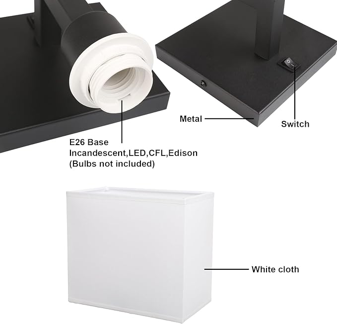 Yosoan Set of 2 Indoor Vanity Wall Sconce with On Off Switch, Brass Modern Boho Vintage Industrial Light with Square Fabric Shade for Bedroom Living Room Library Hallway Porch Dual Lamp Decor(Black)