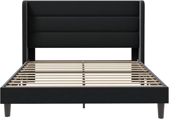 SHA CERLIN Full Size Velvet Bed Frame/Vertical Channel Tufted Wingback Headboard/Upholstered Platform Bed with Wooden Slats/Mattress Foundation/No Box Spring Needed/Easy Assembly/Black