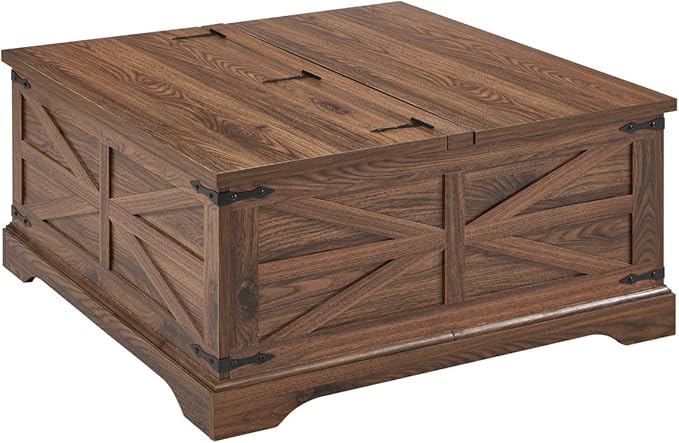 JXQTLINGMU Farmhouse Lift Top Coffee Table with Storage, 36" Wood Square Center Table with Large Hidden Compartment, Rustic Lift Tabletop Dining Table for Home Living Room, Brown