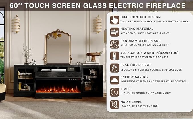 CharaVector 3-Sided Farmhouse TV Stand for TVs up to 75'', Modern TV Console with Glass Door Storage Cabinet, 60'' Large TV Stands for 30''Fireplace, Black (ONLY TV Stand)