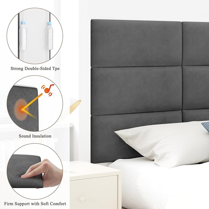 Upholstered Headboard for Full Twin Size Bed, Wall Mounted & Peel and Stick Headboard, Soundproof DIY Wall Panels, Leather Head Board in Modern Design for Bedroom (6 Panels, Each 23.62"x9.84"